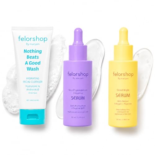 FelorShop Complete Skin Renewal Bundle – Hydrating Facial Cleanser, Dark Spot Corrector Serum & Retinol Collagen Night Serum | Brightening, Anti-Aging & Skin Repair Set - Skin Care Routine for Women image 3