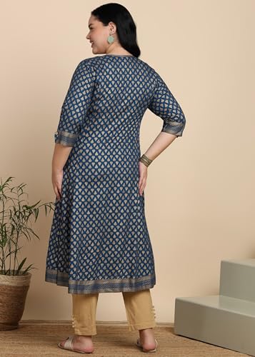 Image of Yash Gallery Women's Rayon Relaxed Fit A Line Golden Floral Printed A-Line Kurta