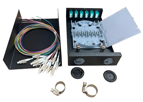 6-Port Fiber Optic Wall Mount Enclosure, OM3 Multimode LC-UPC, 12-Core Box with Pigtails, Black