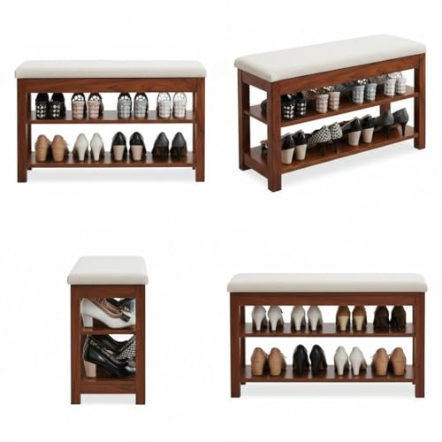 Image of Premium Sheesham Wood Shoe Rack with Upholstered Bench - 2-Tier Solid Wood Entryway Shoe Organizer - Durable Hallway Storage Bench for Living Room & Bedroom (Brown, 24inch)