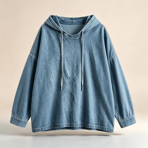 Women'S Denim Hoodie Drawstring Pullover Sweatshirt Jean Jacket Vintage - image 3