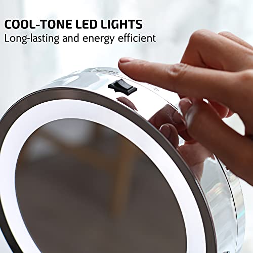Image of OVENTE 7'' Lighted Tabletop Makeup Mirror, 1X & 7X Magnifier, Spinning Double Sided Round LED, Great for Vanity, Bath, & Bedroom, Battery Powered, Polished Chrome MCT70CH1X7X (Pack of 2)