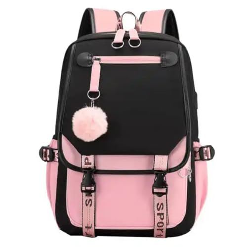Mochila Pompom Bolsa Moda Coreana Escolar Viagem Saída Usb Chaveiro Pom Pom Saída Fone de Ouvido