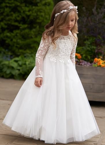 Tulle First Communion Dress Lace Long Sleeves Flower Girl Dresses for Wedding Princess Pageant Party Ball Gown3