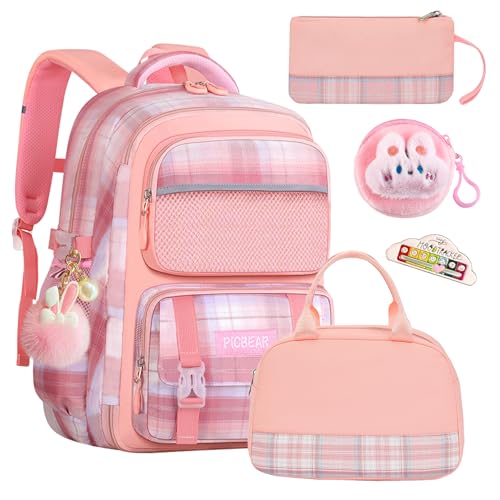 6Pcs Kawaii Backpack Set, Pink Bookbag Plaid Laptop Bag Water-Resistant Lightweight Daypack, Large Capacity School Bag Double Shoulder Backpack with Chest Strap (Pink)