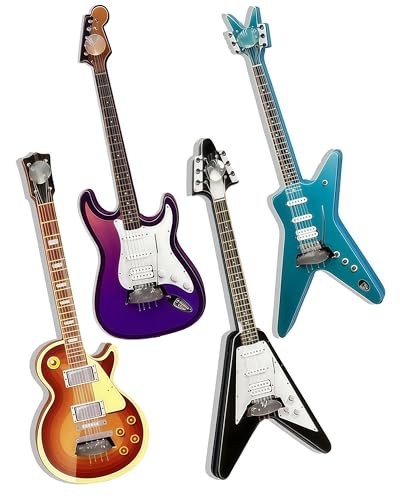 4 Pcs Guitar Cute Fridge Magnets,Wooden 1:12 Scale Musical Instruments Refrigerator Magnets,for Dishwasher/Kitchen/Whiteboard/Music Room/Classroom/Boys Girls Locker Decorations Accessories