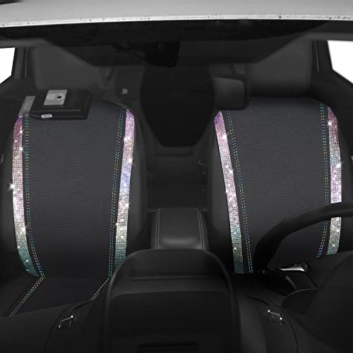 Car Pass Leather Diamond Bling Car Seat Covers 2 Front Interior Sets, Waterproof Universal Shining Glitter Crystal Sparkle Fit For 95% Auto Truck Suv Cute Women Girl, Black Multicolor Rhinestone #TOP16