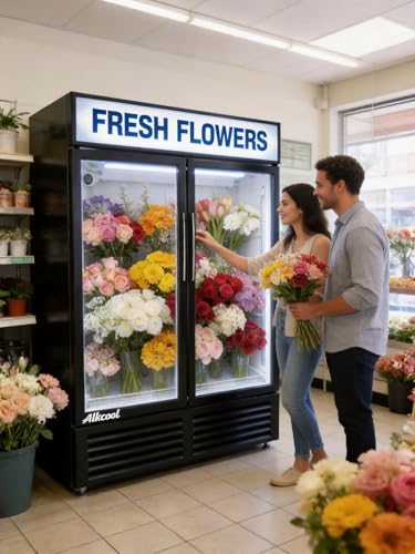 Image of Commercial Flower Beverage Refrigerator Floral Display Fridge,Two Glass Door Drink Cooler with LED Light Adjustable Shelves,ETL Sanitation,46 Cu Ft,54 inch Wide,Wheels Included