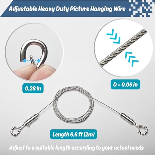 Image of 8Pcs 6.6FT Adjustable Heavy Duty Picture Hanging Wire, Double Carabiners Stainless Steel Wire Rope Hooks for Hanging Art Projects Mirrors Paintings Mirrors Lamps & More Holds Up to 66lbs