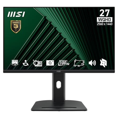MSI PRO MP275QPG 27 Inch WQHD Office Monitor - 2560 x 1440 IPS Panel, 100Hz, Eye-Friendly Screen, VESA Mountable, Display Kit Support, 4-Way Adjustable - HDMI, DisplayPort