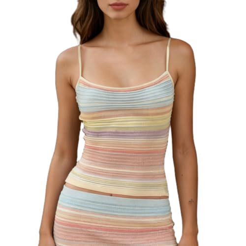 Women Y2k Knitted Striped Tank Tops Spaghetti Strap Crop Shirt Scoop Neck Vest Slim Fit Sleeveless Clothes(Rainbow, S)