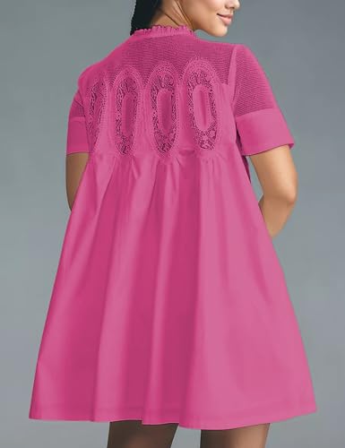 Image of Womens Summer Lace Mini Babydoll Dress Ruffled Collar Short Sleeve Loose Mesh Swing Elegant Flared Sundress