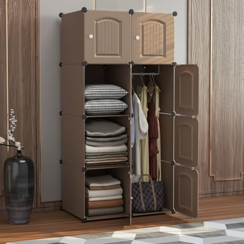 Image of EXVITO Collapsible Wardrobe Storage Cabinet | 8 Door Plastic Modular Clothes Organizer for Kids | Foldable Wardrobe Storage Rack with Hanging Space | Multi-Purpose Kids Closet Organizer - Brown