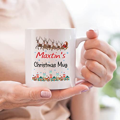 Customized Christmas Mug Gifts For Kids With Name, Personalized Merry Christmas Coffee Mug With Santa Claus Riding Reindeer Mug, Christmas 2023 Kid Coffee Cup Gift, Winter House White Mug 11 Oz 15 Oz #TOP4