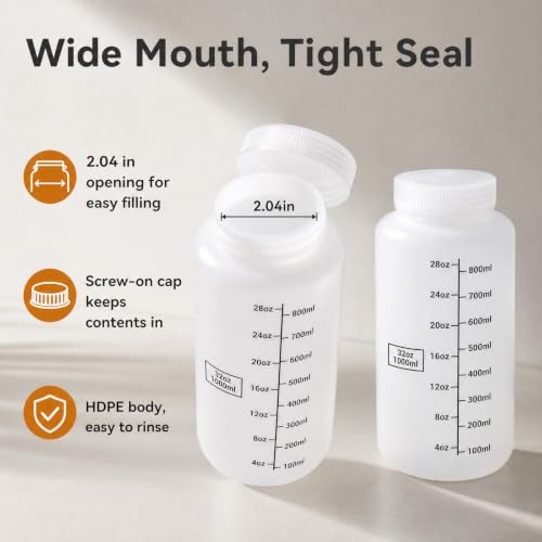 32oz/1000ml Plastic Bottles with Caps, 2 Pcs Graduated Liquid Containers — 사진 4