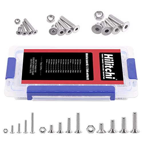 Hilitchi 510Pcs M3 M4 M5 Stainless Steel Flat Head Hex Socket Head Cap Bolts Screws Nuts Assortment Kit - 304 Stainless Steel (Flat Head) #TOP5