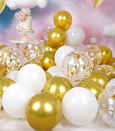 Image of Metallic Shiny Gold and White Balloons 12 Inch 67PCS White Gold Confetti Balloons Latex Helium Balloon Set for Graduation Anniversary Wedding Birthday Party Decorations