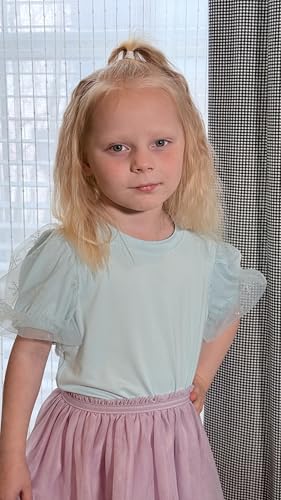 Image of Arshiner Girls Shirts Mesh Puff Short Sleeves Blouse Crewneck Cute Print Summer Kids Tee Tops