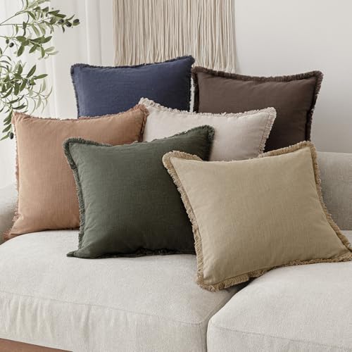Image of Foindtower Decorative Linen Fringe Throw Pillow Covers Cozy Boho Farmhouse Cushion Cover with Tassels Soft Accent Pillowcase for Chair Sofa Bed Living Room Home Decor, 18x18 Inch, 1PC,Tan Beige