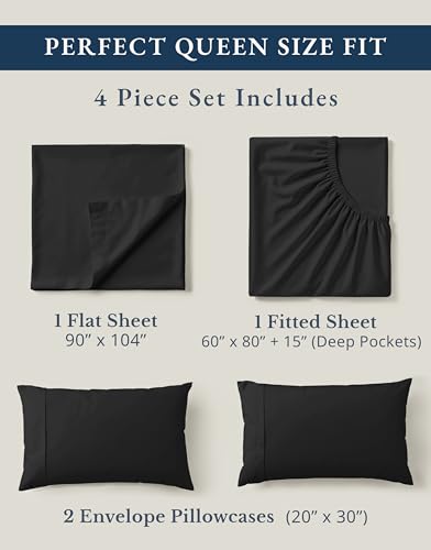 Image of LANE LINEN 100% Organic Cotton Queen Size Sheets Set, Machine Wash Fully Elasticized Naturally Cooling Percale Weave Queen Size Deep Pocket Sheet Sets, Low Pill Eco Friendly Bed Sheets- Black