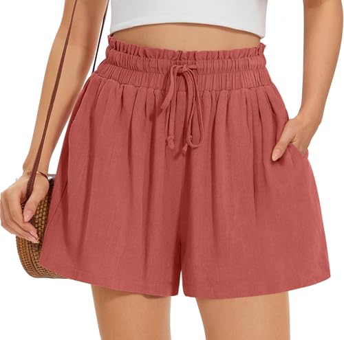 UEU Linen Shorts for Women Casual High Waisted Wide Leg Drawstring Cute Summer Beach Shorts 2025 Fashion Vacation Outfit- 3