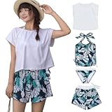 [Teddy] TeddyShop 水着 レディース 体型カバー タンキニ 4点セット 大人 ビキニ タンクトップ ショートパンツ Tシャツ ラッシュガード ママ水着 バックシャン 大きいサイズ hys1618 2XL(15号) L:ホワイト×ネイビーリーフ