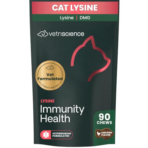 VetriScience Lysine Immunity Health Chews, 250 mg Lysine Plus Immune Supplement for Cats and Kittens with Allergies, Sneezing, Runny Nose and Watery Eyes, Chicken, 90 Count