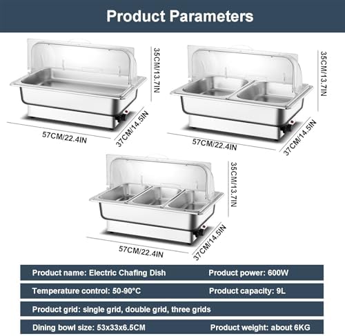 Electric Chafing Dish 9L Commercial Food Warmer with Temperature Control 50-90°C, Includes 5 Food Clips, Ideal for Catering, Parties, Weddings, Home Use, 1-Grid Design