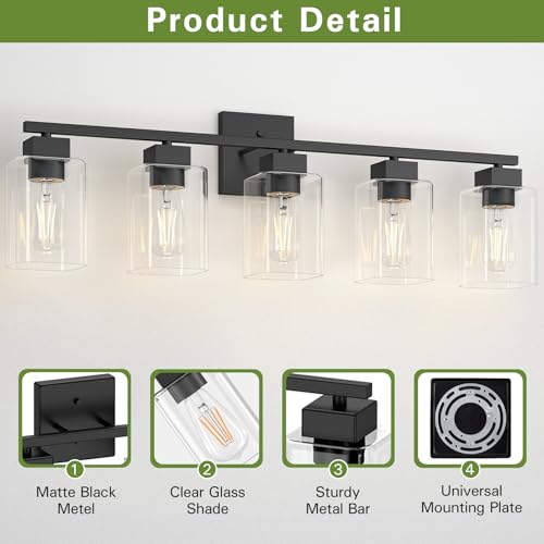 Image of 5 Light Bathroom Vanity Light - Matte Black Bathroom Light Fixtures Square Design & UL Certification, 31 Inch Black Bath Room Lighting Fixtures Over Mirror for Living Room & Bedroom & Restroom