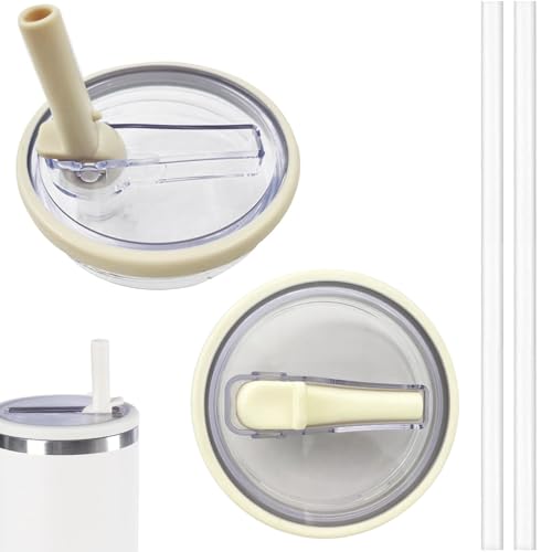 40 OZ Tumbler Lid Replacement for Stanley Quencher, 2 Pack Flip Straw Replacement Lids with 2 Straws for 40 OZ Tumbler, Spill Proof Tumbler Lids for Stanley Cup (Cream White)