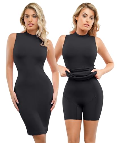 Popilush Shapewear Dress Midi Bodycon - Mock Neck Built in Shapewear Bra 9 in 1 Sleeveless Slip Dress for Women Black