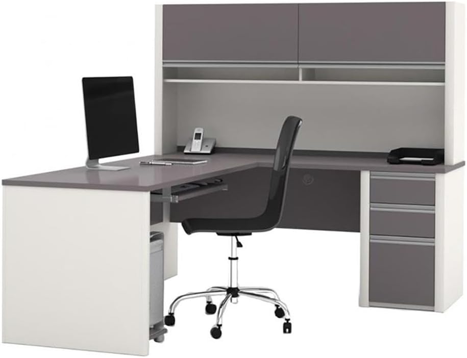 BOWERY HILL Modern Wood 5 Piece L-Shaped Computer Desk with Hutch, Slate Gray Finish, Melamine Surface, Durable Office Furniture Set with Storage, Keyboard Tray, Wire Management
