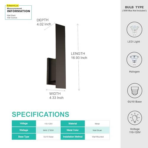 Edwarmlux Indoor Wall Sconces, Modern Wall Lights, Up and Down Wall Mount Light, Dimmable Hardwired Wall Light for Bedroom, Living Room, Hallway, GU10 Bulbs Excluded (Matt Black) - Thumbnail 5