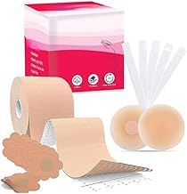 Boob Tape Kit - Instant Boob Tape with 10 Nipple Pasties for Fashion with 36 Strips Double Sided Tape for Clothes &1 Pair Reusable Nipple Cover for Women (Beige)