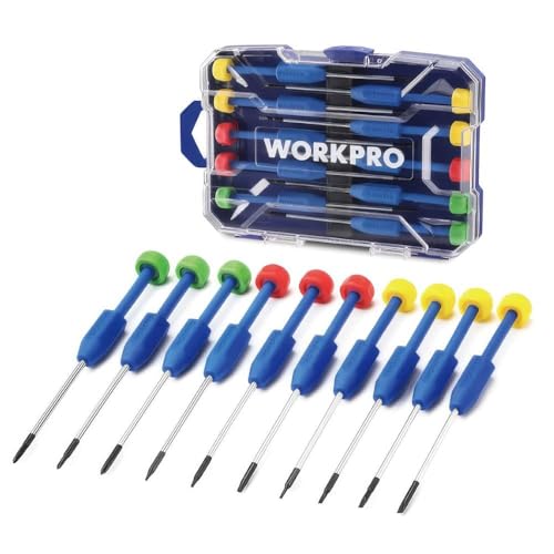 WORKPRO WP200530 - Juego de destornilladores de precisión magnéticos profesionales, acero CR-V, 10 piezas, punta PH/SL/Torx, mango antideslizante, funda de transporte transparente