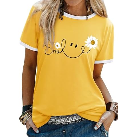 Yihelian Tshirts Women Crew Neck Top Ladies Daisy Print Short Sleeve Tee Shirt Summer Smile Letter Printed Shirts Yellow Cover