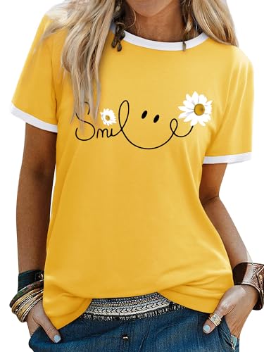 Yihelian Tshirts Women Crew Neck Top Ladies Daisy Print Short Sleeve Tee Shirt Summer Smile Letter Printed Shirts Yellow