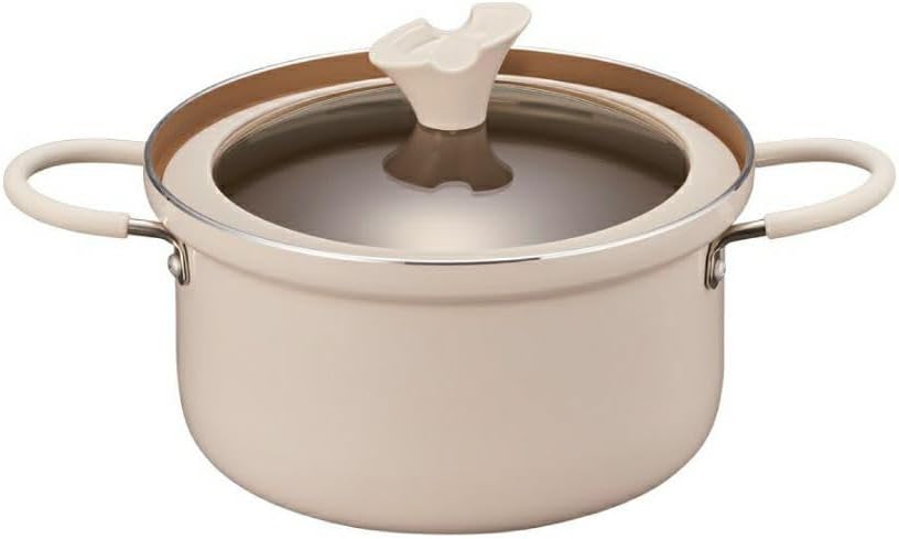 Evercook Double Handed Pot, 7.9 inches (20 cm), Induction Compatible, Gas Fire Compatible, 500 Day Support, Glass Lid, Non-Stick Curry, Stew Pot, Ivory Doshisha