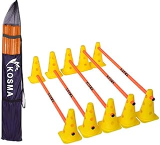 Kosma pack of 15pc Multi-functional and Adjustable Agility Hurdle set - 10Pc Traffic Cones 9" with 12 holes Yellow colour, 5Pc Orange Hurdle Poles 40 Inch Length -in carry bag