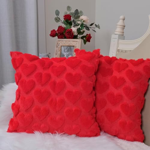 GEEORY Valentines Day Soft Plush Love Heart Pillow Covers, 20 x 20 Inch Set of 2, Faux Fur Wool Decorative Anniversary Cushion Case for Sofa Home Decoration Red GC010-20