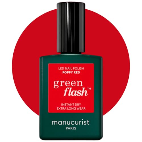 Manucurist Green Flash LED Poppy Red Gel Nail Polish - Vegan, 12-Free, Plant-Based - Strengthens and Protects the Nail - Bright Orangey Red UV Gel Polish - Made in France