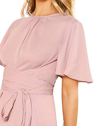 Romwe Women's Self Tie Wist Short Sleeve Casual Chiffon Blouse Tops Pink Large #TOP3