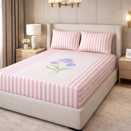 Image of Digital Cotton King Size All Around Elastic Fitted Bedsheet Set with 2 Pillow Covers | Soft & Breathable Fabric | Secure 360 Elastic Fit (72 inch x 78 inch inches, Panel Pink)