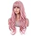 BERON Long Wavy Soft Synthetic Wig with Straight Bangs for Women Girls Wig Cap Included (Chisato Pink)