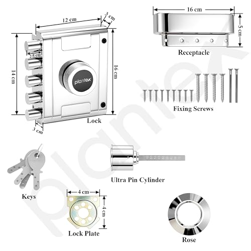 Image of Plantex Main Door Deadbolt Lock Five Bullets /Stainless Steel Penta Bolt /Door Lock Set with 4 Pin Cylindrical Keys with 5 Years of Warranty (Matt)