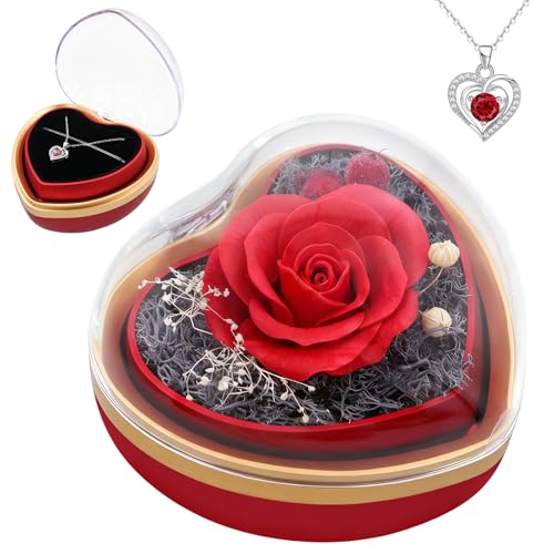 Eternal Real Rose Dainty Love Pendant , Preserved Red Rose Gift Box with Heart Necklace, Gifts for Women, Mom, Wife, Gifts Idea on Valentine's Day, Mother's Day, Birthday, Anniversary, Thanksgiving