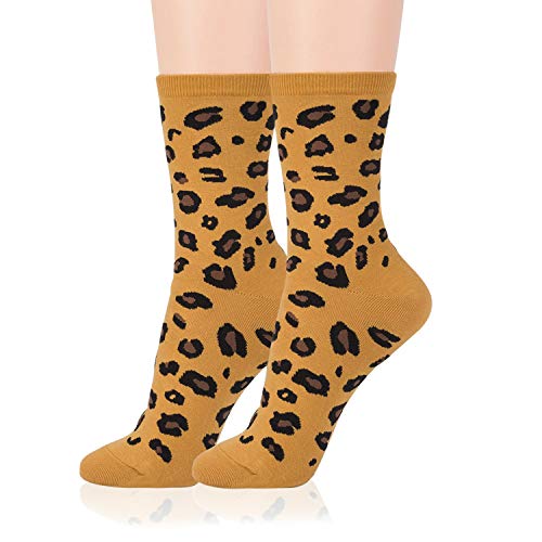 Kikiya Socks Women Patterned Crew Socks | 5 Pairs Leopard Cute Sexy Cheetah Animal Print Camoflouge Novelty Cotton Daily Socks, Womens Ladies & Girls Gift Casual Korean Socks | Leopard Patterned A #TOP3