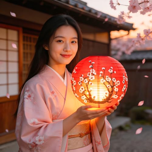 Image of 6 Pcs Red Paper Lanterns Decorative 10x12 Inch, ZUEXT Cherry Blossom Hanging Round Chinese /Japanese Lantern for Festival Theme Birthday Party Wedding Home Yard Japanese Eateries Decor Oriental Style
