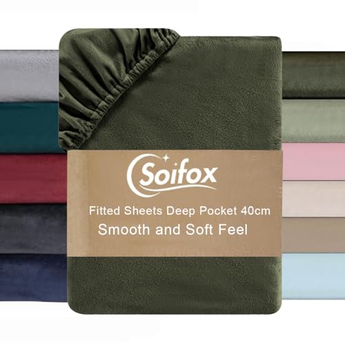Image of Soifox Velvet Warm Fitted Sheet Super King Size - Olive Green Winter Fitted Bed Sheet with Extra Deep Pocket 16 Inches(40cm), Soft Flannel Bottom Sheet Superking Bed 180 x 200 cm