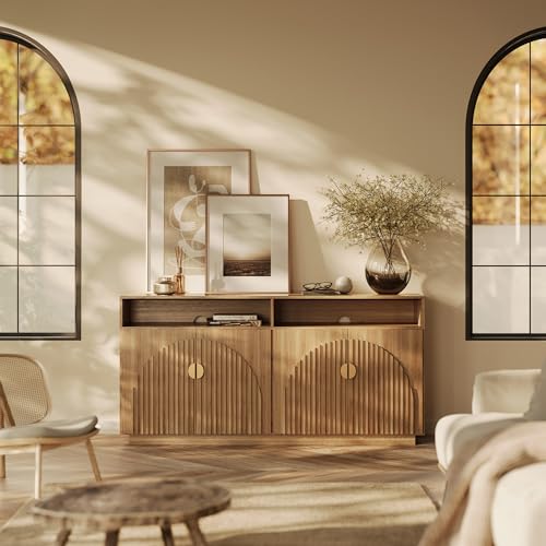 Image of BELLEZE 65-inch Fluted Sideboard with Open Shelf, Mid Century Modern Sideboard with Adjustable Shelves & Cable Management, Wooden Accent Cabinet for Dining Room, Living Room - Caramel Brown